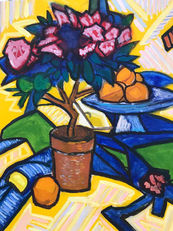 Flower pot and fruit after Peploe